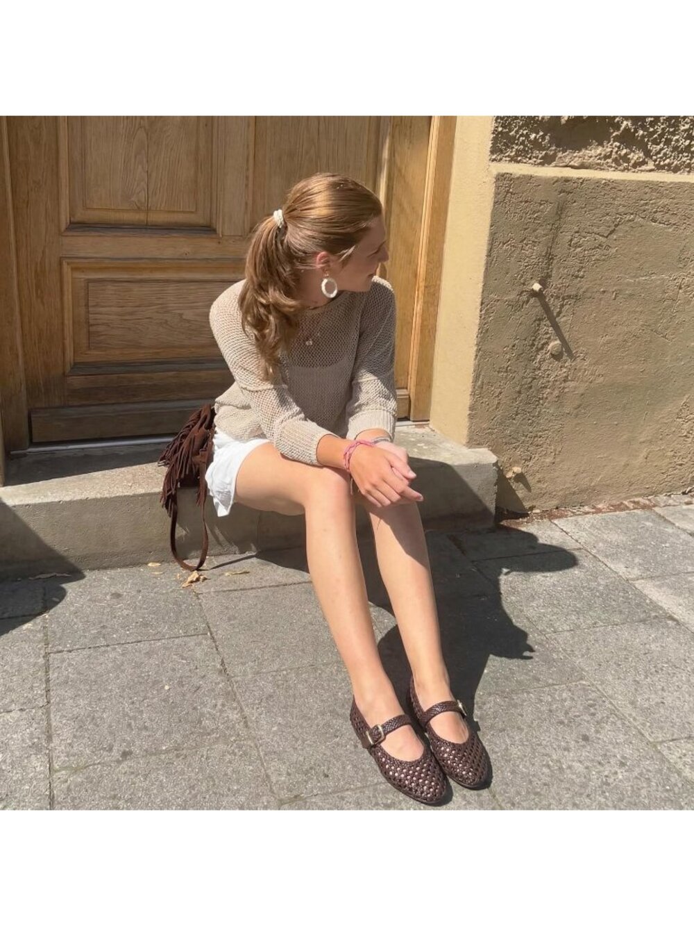 Women's Brown Comfortable Adjustable Braided Buckle Mary Jane Ballet Flats - Picture 6 of 6